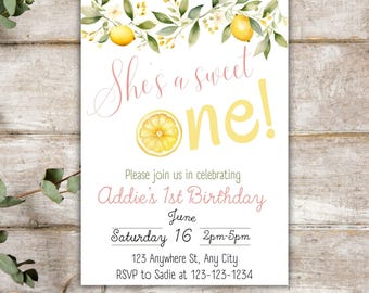 Sweet One Lemon First Birthday Invitation Template Editable Lemon Theme First Birthday Invite for Canva Citrus Summer Party Sweet as a Lemon
