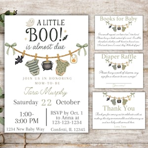 A Little Boo is Almost Due Baby Shower Invitation Set Autumn Diaper Raffle Ticket Fall Books for Baby Clothesline Baby Shower Invite