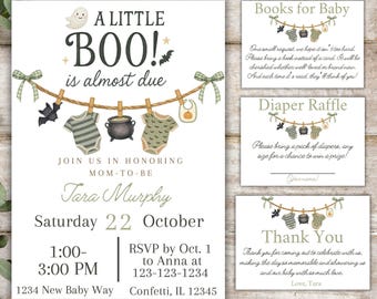 A Little Boo is Almost Due Baby Shower Invitation Set Autumn Diaper Raffle Ticket Fall Books for Baby Clothesline Baby Shower Invite