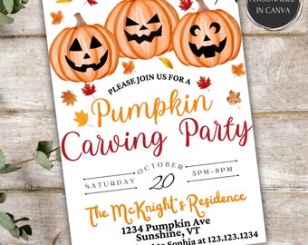 Pumpkin Carving Party Invitation Editable Halloween Party Invite Kids Pumpkin Party Autumn Invitation Jack O&#39;Lantern Carving Party Printable