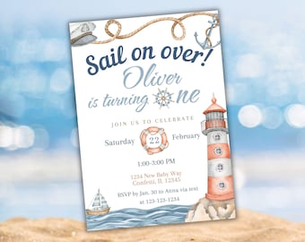 Editable Nautical Kids Birthday Invitation Template, Sail on Over Invite, Little Sailor First Birthday Party Printable, Instant Download