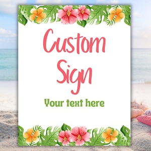 Tropical Theme Custom Sign Template Editable Hawaiian Name Sign for Canva Luau Party Beach Theme Nursery Decor Palm Leaf Flamingo Printable
