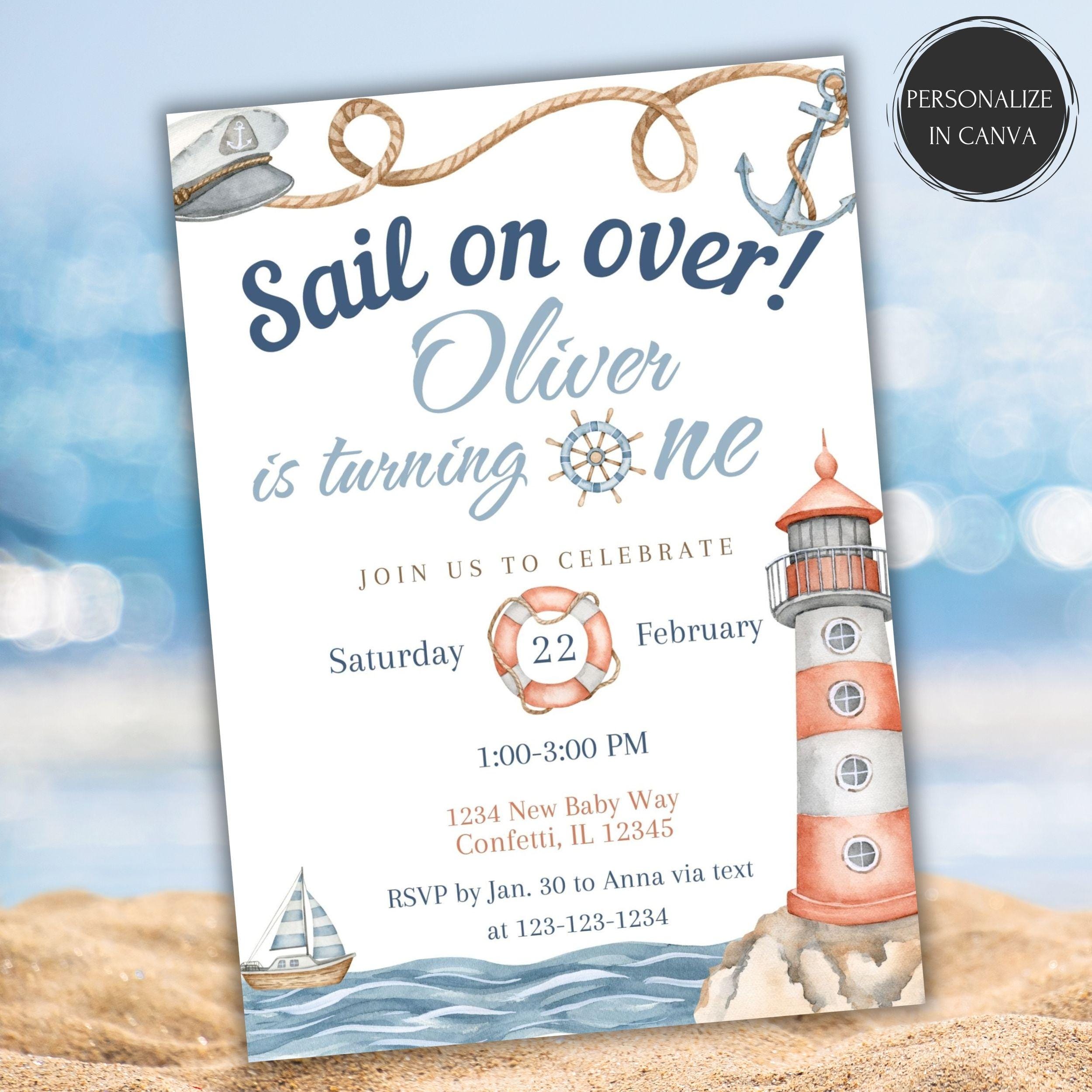 Nautical 1st Birthday Party Invitation Sail on Over First Birthday Invite Editable Sailor Lighthouse theme birthday invitation Ahoy
