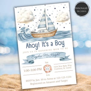 Ahoy It&#39;s A Boy Baby Shower Invitation Editable Nautical Baby Sprinkle Blue Boat Invite Sailor Baby Shower Invitation Template