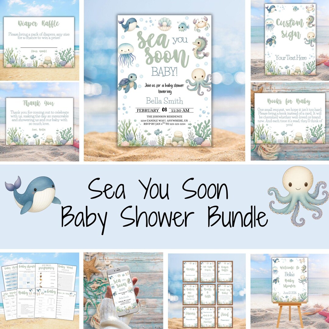 Sea You Soon Baby Shower Bundle Ocean Theme Canva Templates Digital ...