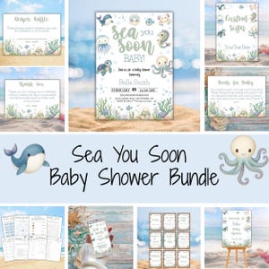 May include: A baby shower bundle with a sea theme. Includes invitations, diaper raffle cards, thank you cards, a custom sign, and more. The design features watercolor illustrations of sea creatures and aquatic plants.