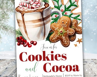 Cookies and Cocoa Christmas Party Invitation Editable Template, Cookie Exchange Invite, Holiday Hot Chocolate Winter Instant Download