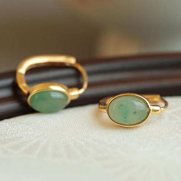 Pendientes de aro de jade verde: Plata de ley chapada en oro