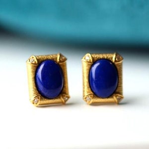 Natural Lapis lazuli Stud Earrings /Sterling 925-Silver Gold-Plated oval Lapis lazuli Studs/anniversary gift/retro court/gift for mum