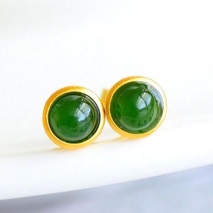 Natural green jade Stud Earrings/Sterling 925-Silver 18KGold-Plated jade Studs/anniversary gift/Small light bulb earrings