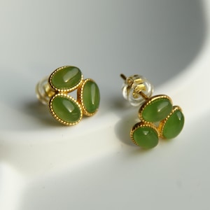 Natural green jade Stud Earrings /Sterling 925-Silver 18KGold-Plated oval jade Studs/anniversary gift/gift for wife/gift for mum