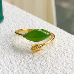 Natural green jade  ring/Sterling 925-Silver 18K Gold-Plated marquise jade ring/genuine jade ring/anniversary gift/gift for mum