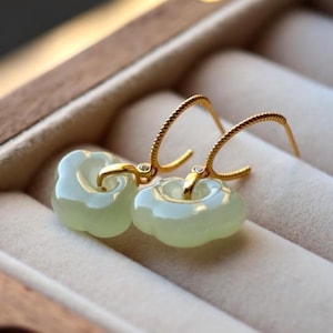 Natural Nephrite dangle Earrings /Sterling 925 Silver 18KGold-Plated Nephrite drop & dangle earrings/anniversary gift/gift for mum