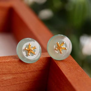 Natural jadeite Stud Earrings/Sterling 925Silver 18k Gold-Plated jade Studs/anniversary gift/Retro jade flower earrings stud/gift for mum
