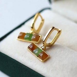 Natural rainbow jade dangle Earrings /Sterling 925 Silver 18K Gold-Plated nephrite drops/unique anniversary gift for her/gift for mum