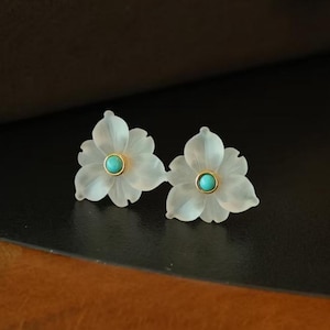 Echte Türkis Ohrstecker / Sterling 925 Silber 18KGold-Plattierte Türkis Ring mit Kristall / Dezember Geburtsstein Geschenk / Blume Ohrringe / Ring