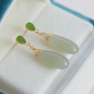 Natural jade dangle & drop Earrings/Sterling 925 Silver 18K Gold-Plated Nephrite drops/anniversary gift for her/retro earrings/gift for mum