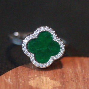 Natural green jadeite ring/Sterling 925-Silver jadeite ring/genuine jadeite ring/four-clover shape ring/anniversary gift/gift for mum