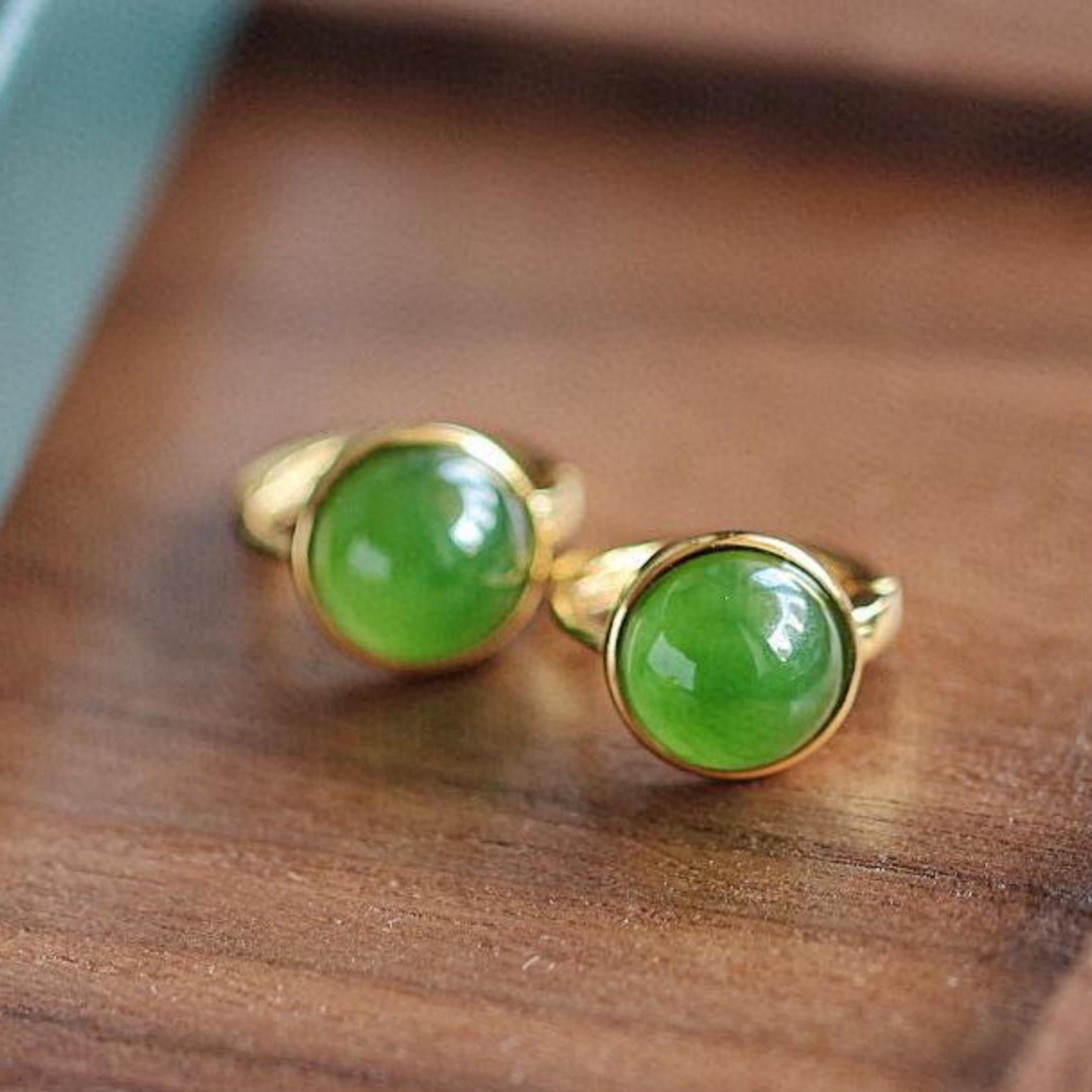 Green Hetian Jade Hoop Earrings - 18k Gold Plated Hinged Vintage Retro - 25mm