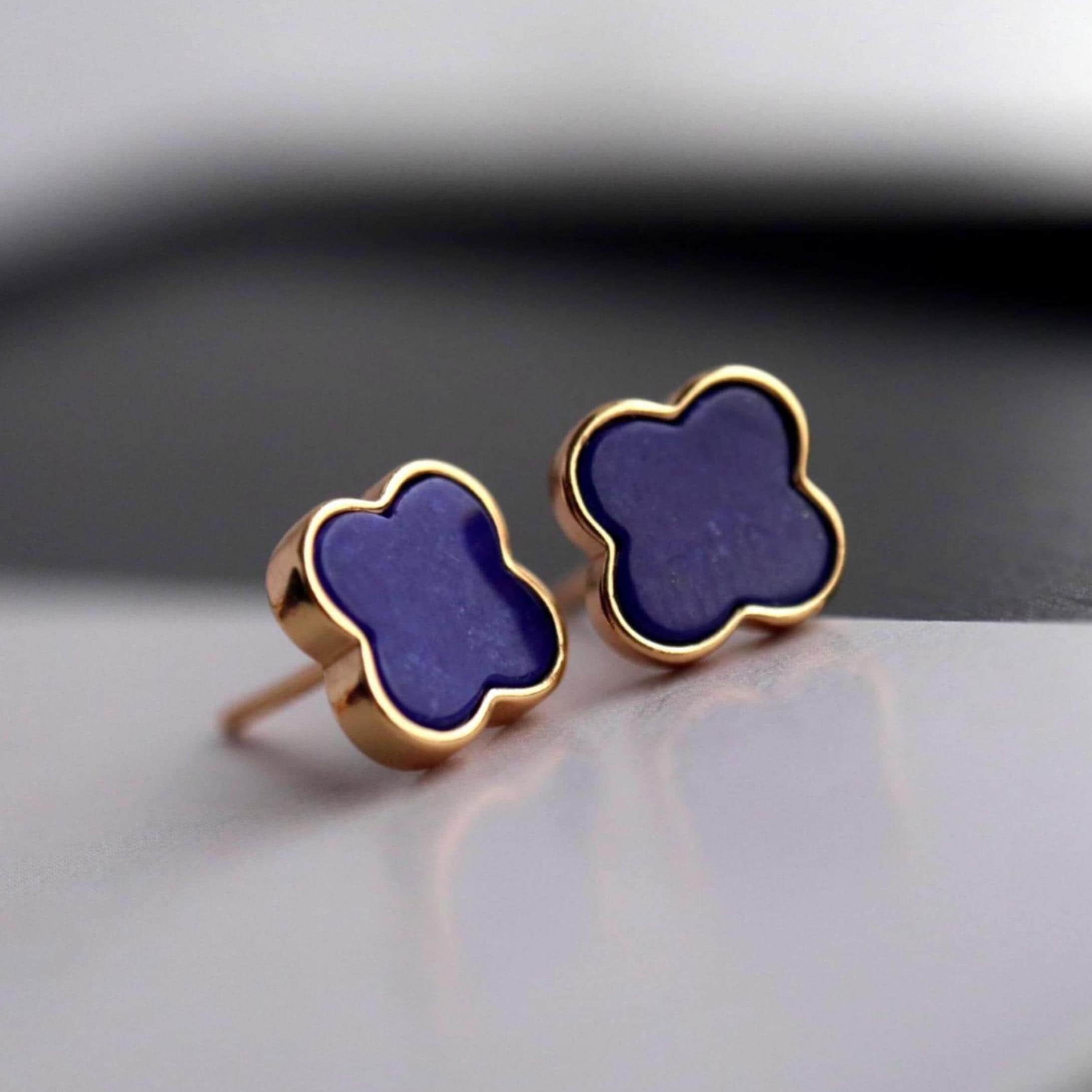 Natural Lapis lazuli Stud Earrings /Sterling 925-Silver Gold-Plated Lapis lazuli Studs/anniversary gift/Three-leaf clover/gift for mum