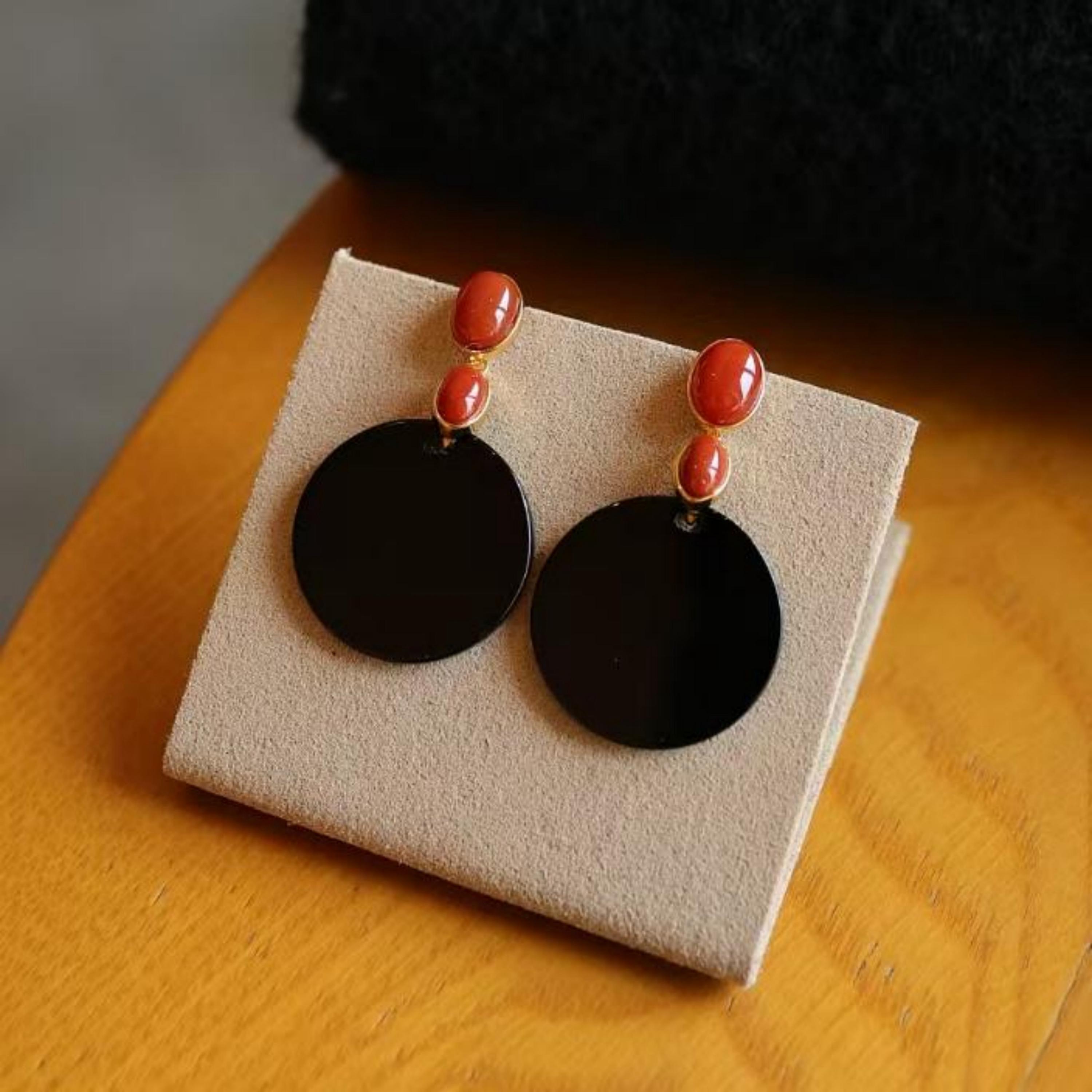 Black Onyx & Red Agate Drop Earrings: Gold-plated Sterling Silver