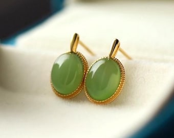 Natural green jade Earrings/Sterling 925 Silver 18K Gold-Plated oval jade drops/anniversary gift/retro earrings/vintage/gift for mum