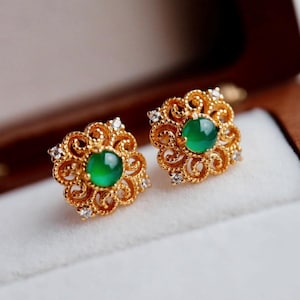 Natural jadeite Stud Earrings /Sterling 925Silver 18k Gold-Plated green jade Studs/anniversary gift/Retro court earrings/gift for mum