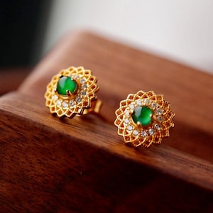 Natural jadeite Stud Earrings /Sterling 925Silver 18k Gold-Plated green jade Studs/anniversary gift/vintage jade earrings/gift for mum