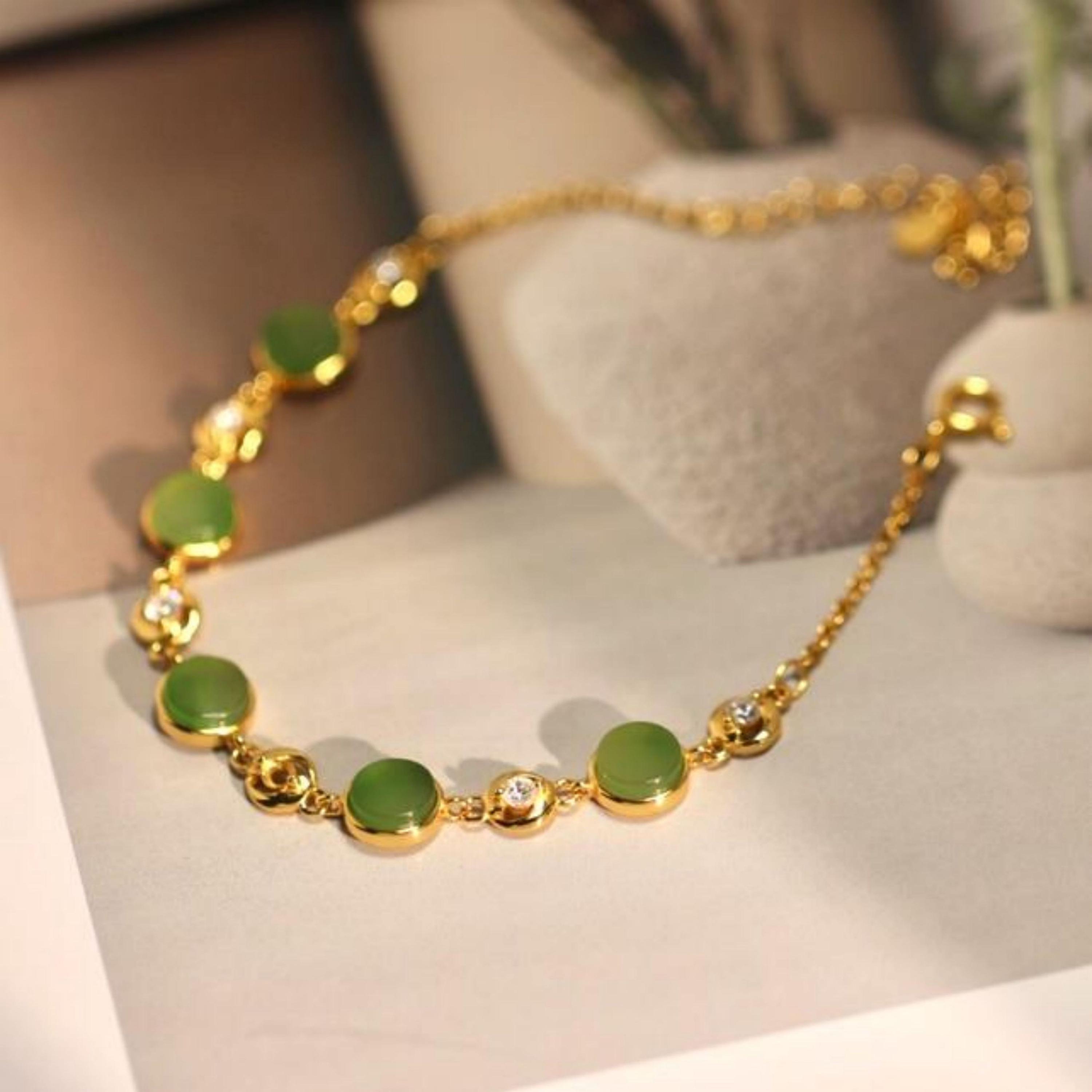 Natural Green Jade Bracelet, Gold-plated Sterling Silver, Retro