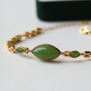 Natural green jade bracelet/Sterling 925Silver 18KGold-Plated marquise jade  bracelet/anniversary gift/raw jade bracelet/gift for mum