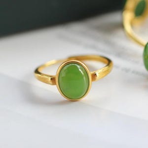 Natural green jade  ring/Sterling 925-Silver 18K Gold-Plated oval jade ring/genuine jade ring/anniversary gift/gift for mum