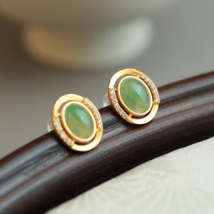 Natural green jadeite  stud Earrings/Sterling 925 Silver 18K Gold-Plated oval jade studs/anniversary gift/retro court earrings/gift for mum
