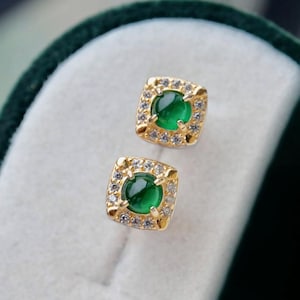 Natural jadeite Stud Earrings /Sterling 925Silver 18k Gold-Plated green jade Studs/anniversary gift/Retro jade earrings/gift for mum