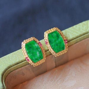 Natural jadeite Stud Earrings/Sterling 925Silver 18k Gold-Plated green jade Studs/anniversary gift/Retro jade earrings/gift for mum
