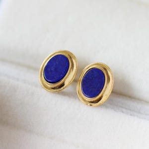 Natural Lapis lazuli Stud Earrings/Sterling 925-Silver Gold-Plated oval Lapis lazuli Studs/anniversary gift/gift for mum