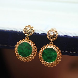 Genuine green jadeite dangle Earrings/Sterling 925-Silver 18KGold-Plated jade drop/anniversary gift/retro earrings drop/gift for mum