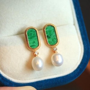 Natural green jadeite dangle Earrings with pearl/Sterling 925-Silver 18KGold-Plated jade drop/unique pearl earrings gift/gift for mum