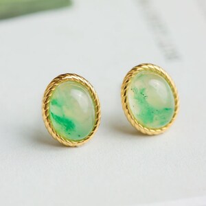 Natural green jadeite Stud Earrings/Sterling 925-Silver 18KGold-Plated green jade Studs/anniversary gift/minimalist