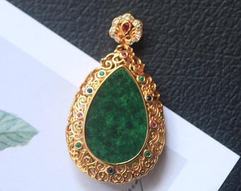 Green Jade Pendant:  Gold-Plated Sterling Silver Pear Jadeite