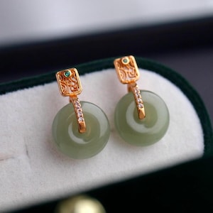 Natural jade dangle Earrings /Sterling 925 Silver 18K Gold-Plated jade drop & dangle earrings/anniversary gift/nephrite/gift for mum