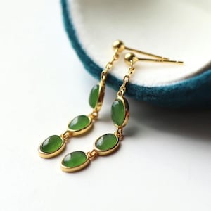 Natural green jade Earrings /Sterling 925Silver 18K Gold-Plated jade drop & dangle earrings/water drop/anniversary gift/gift for mum