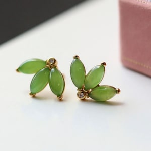 Natural green jade Stud Earrings /Sterling 925Silver 18K Gold-Plated jade Studs/genuine jade earrings/anniversary gift