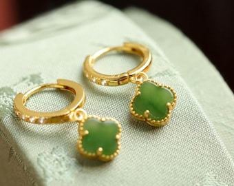 Natural green jade dangle Earrings/Sterling 925 Silver 18K Gold-Plated jade drops/anniversary gift/retro earrings vintage/gift for mum