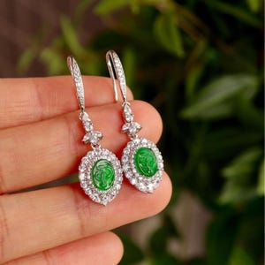Genuine ice green jadeite dangle Earrings/Sterling 925-Silver 18KGold-Plated oval jade drop/anniversary gift/snake earrings/gift for mum