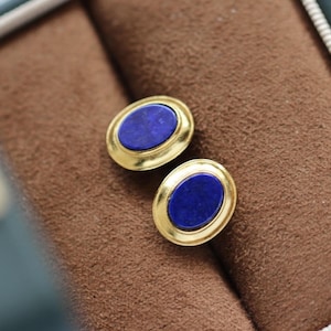 Natural Lapis lazuli Stud Earrings /Sterling 925-Silver Gold-Plated oval Lapis lazuli Studs/anniversary gift/minimalist/gift for mum