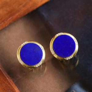 Natural Lapis lazuli Stud Earrings/Sterling 925-Silver Gold-Plated round Lapis lazuli Studs/anniversary gift/gift for mum