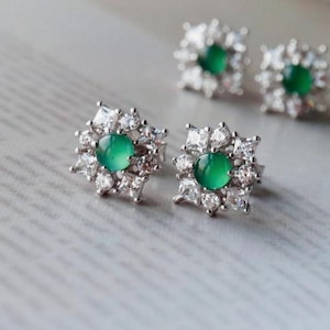 Natural jadeite Stud Earrings /Sterling 925 Silver 18k Gold-Plated green jade Studs/anniversary gift/classic earrings/gift for mum