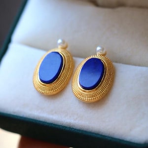 Natural Lapis lazuli Stud Earrings/Sterling 925 Silver Gold-Plated Lapis lazuli Studs/anniversary gift/retro court studs/gift for mum