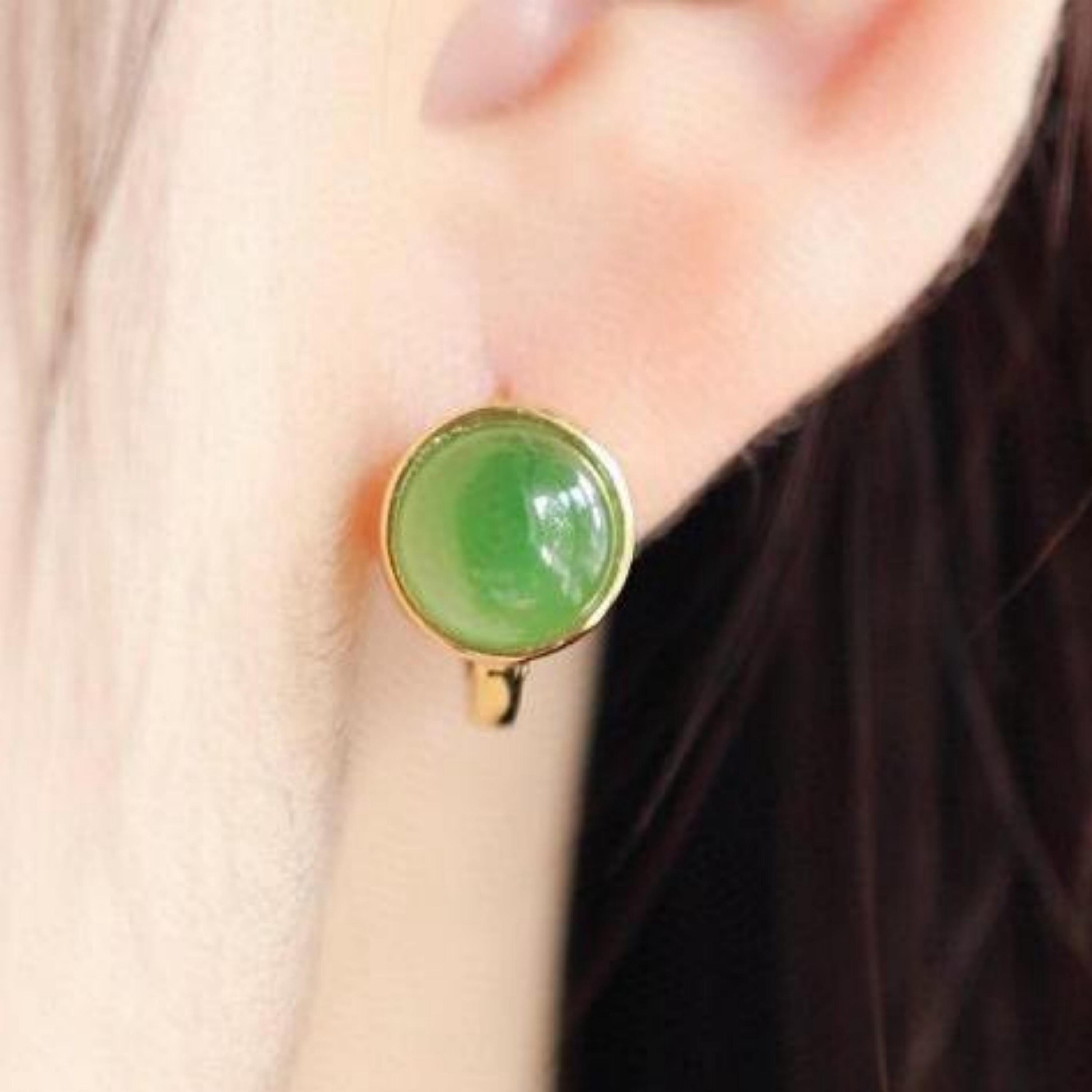thumbnail image 2 of Vintage Green Hetian Jade Hoop Earrings - 18k Gold Plated, Hinged Closure, Lab-Created 2 of 5