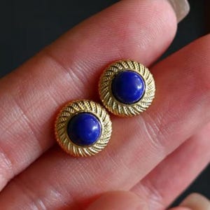 Vintage Natural Lapis lazuli Stud Earrings /Sterling 925-Silver Gold-Plated round Lapis lazuli Studs/anniversary gift/gift for mum
